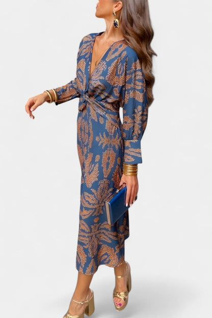 Elara V-Neck Knot Dress | Sculpted Waist, Fluid Drape