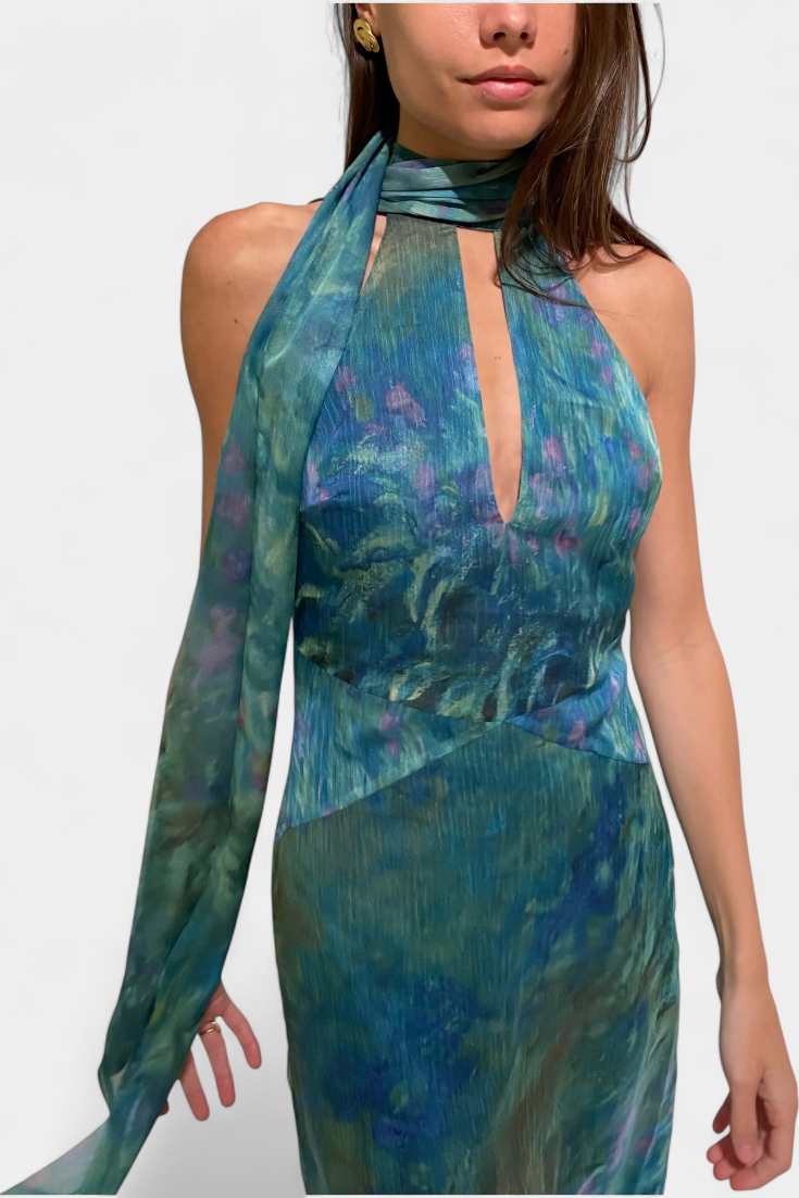 Monet Chiffon Dress | Impressionist Print, High Neck