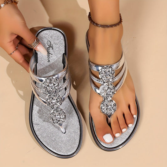 Women's Rhinestone Flat Sandals – T-Strap Dressy Slip-On
