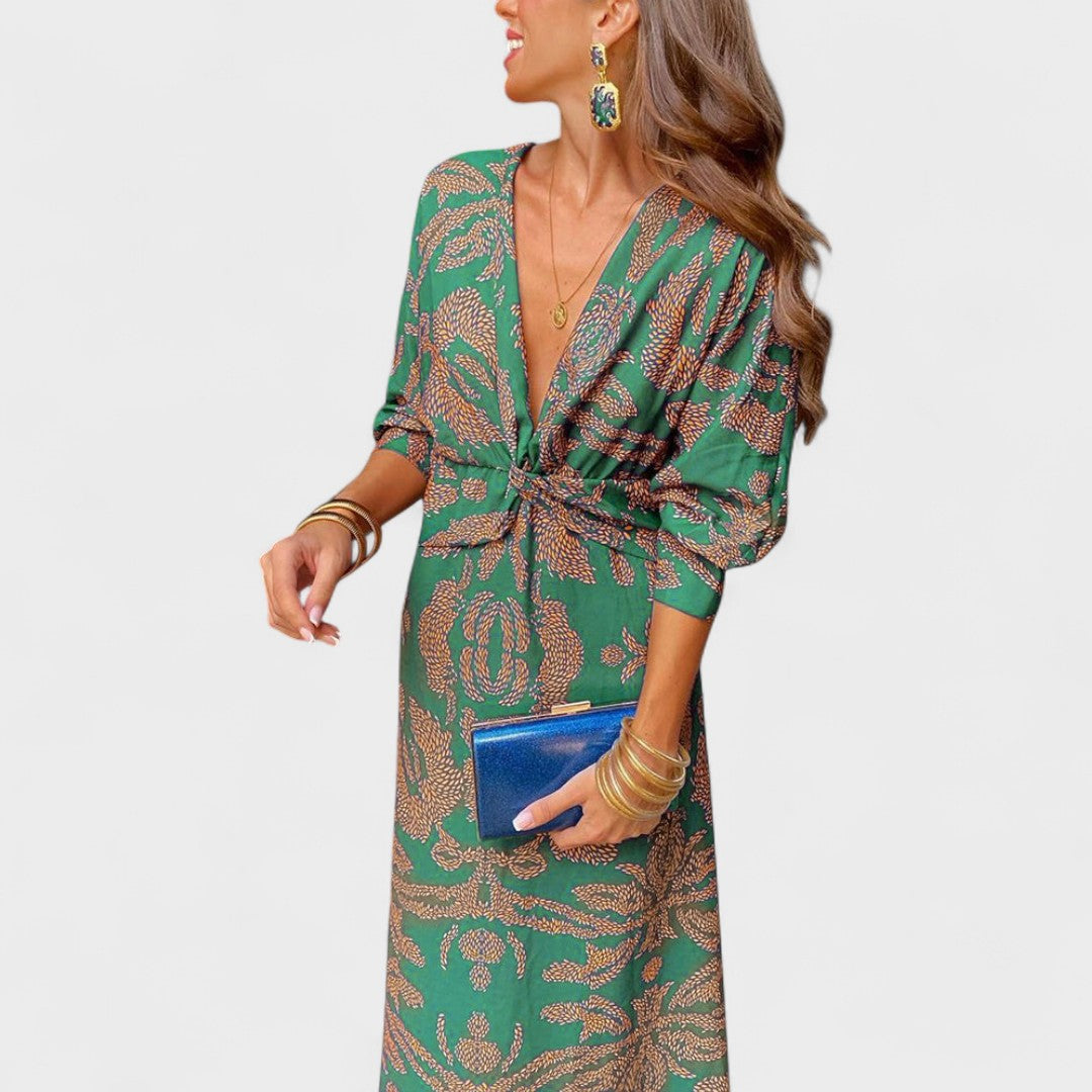 Sienna Midi Dress | Blue & Gold Print, Knot Front, Long Sleeve
