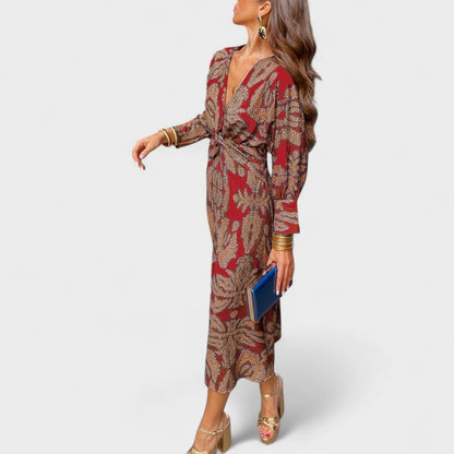 Sienna Midi Dress | Blue & Gold Print, Knot Front, Long Sleeve