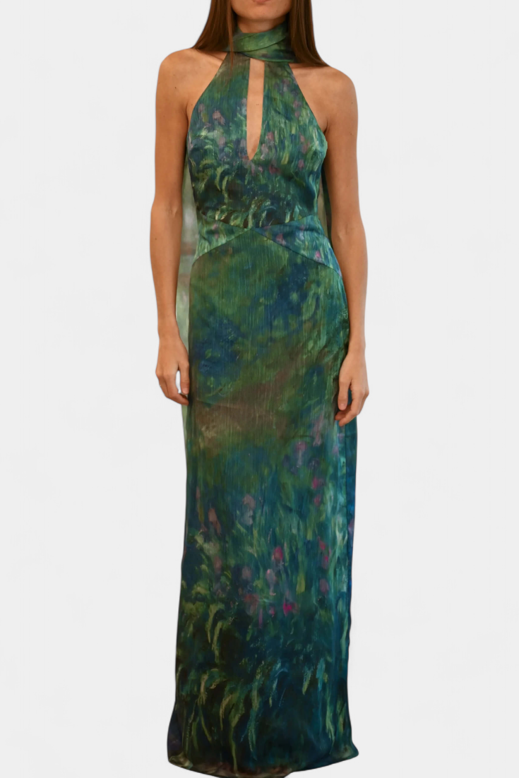 Monet Chiffon Dress | Impressionist Print, High Neck