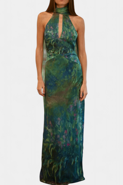 Monet Chiffon Dress | Impressionist Print, High Neck