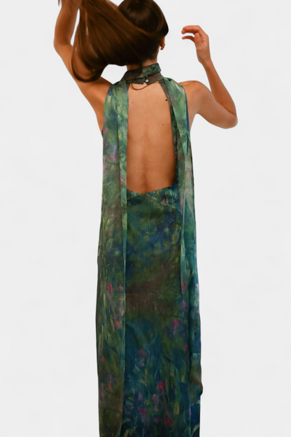 Monet Chiffon Dress | Impressionist Print, High Neck