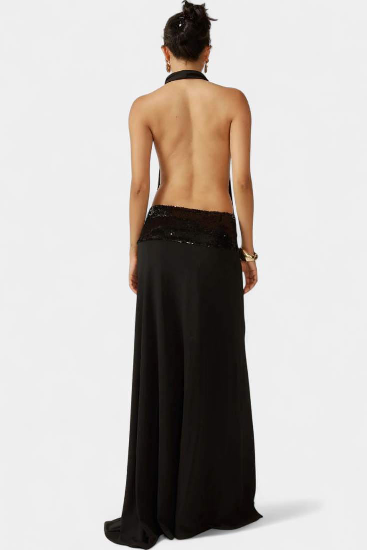 Georgia Halter Dress | Draped Metallic, Open Back Glamour