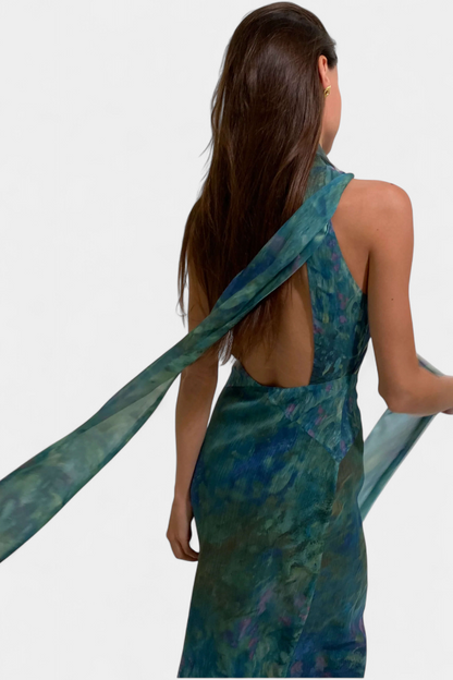 Monet Chiffon Dress | Impressionist Print, High Neck