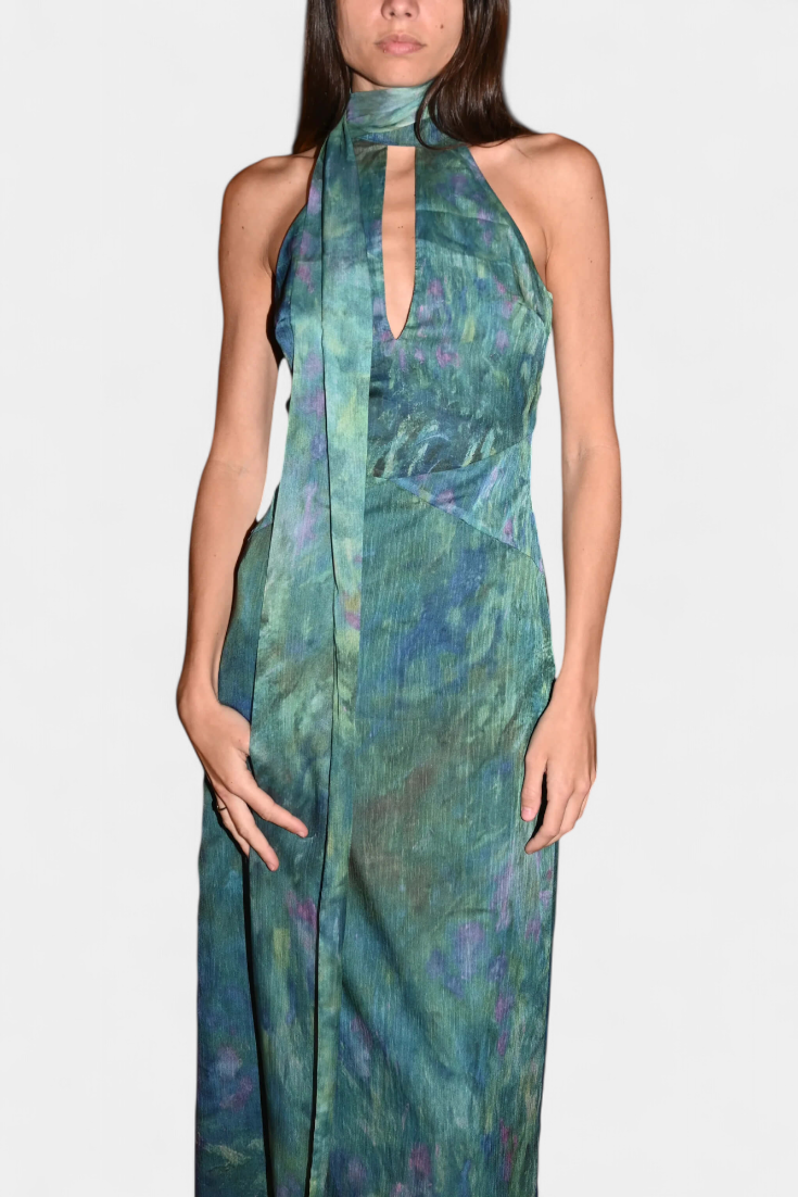 Monet Chiffon Dress | Impressionist Print, High Neck