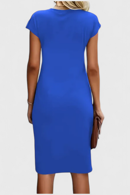 Katrina Draped Midi Dress | Round Neck, Fitted, Timeless