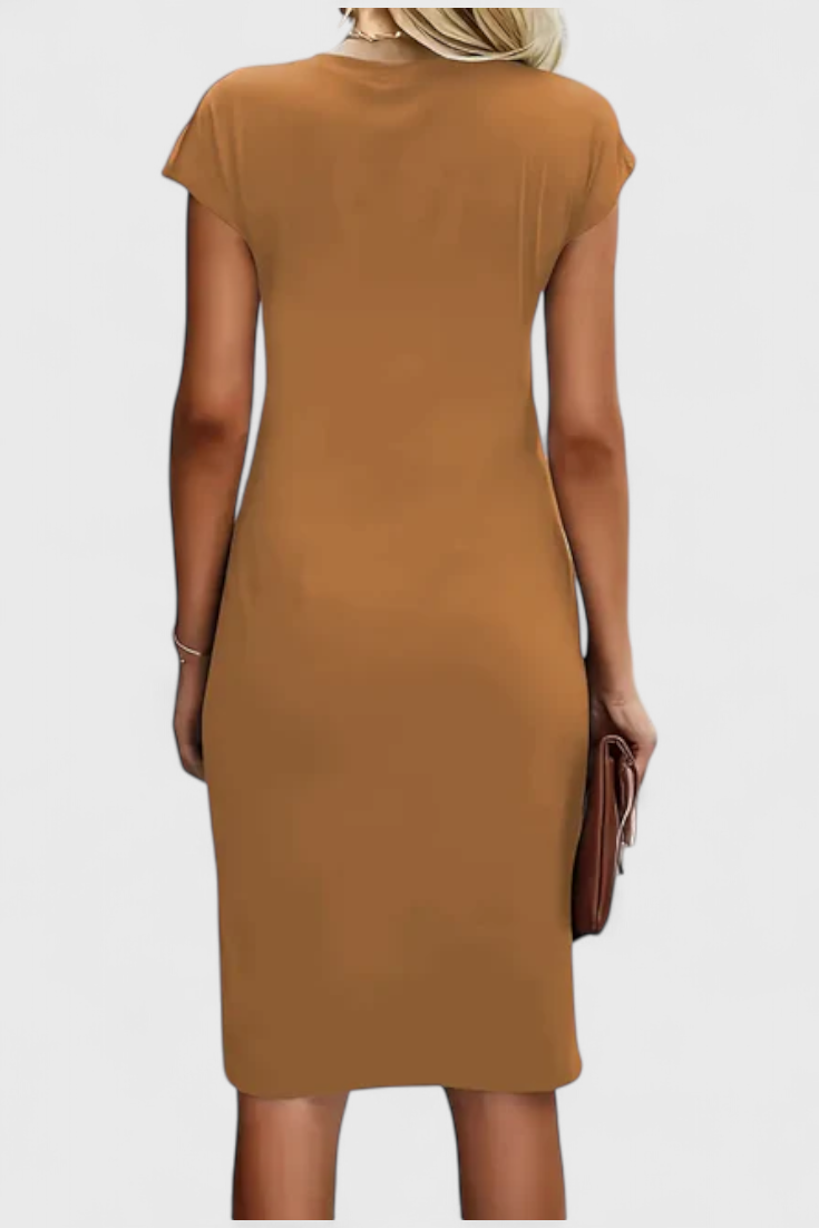 Katrina Draped Midi Dress | Round Neck, Fitted, Timeless