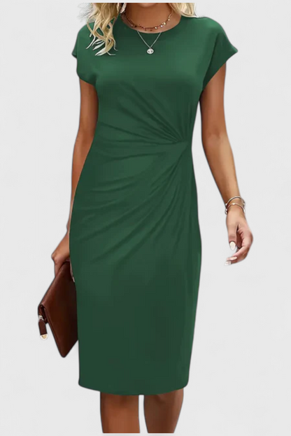 Katrina Draped Midi Dress | Round Neck, Fitted, Timeless