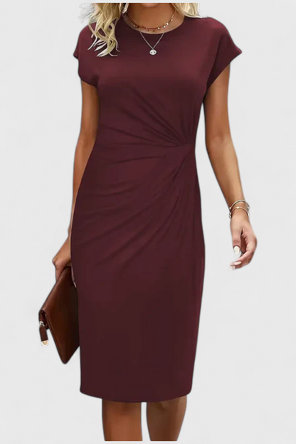 Katrina Draped Midi Dress | Round Neck, Fitted, Timeless