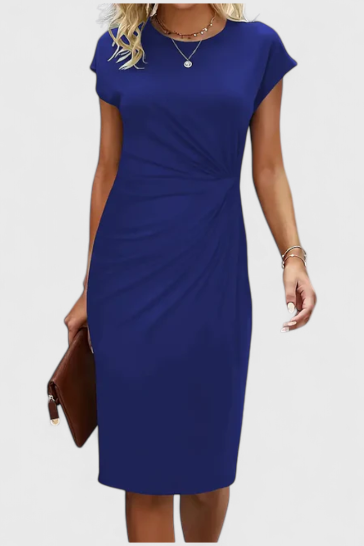 Katrina Draped Midi Dress | Round Neck, Fitted, Timeless