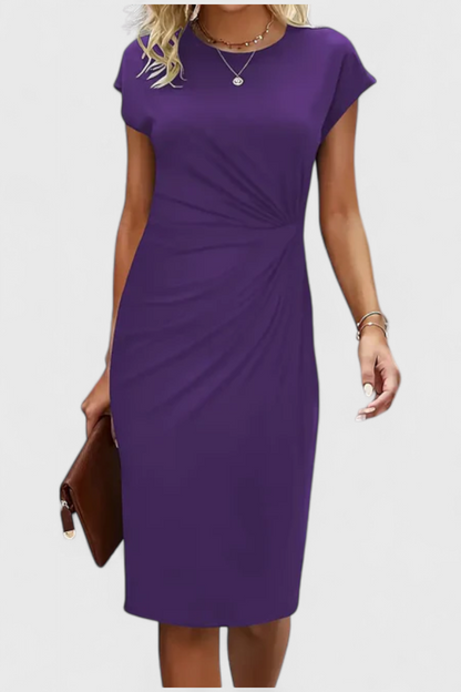 Katrina Draped Midi Dress | Round Neck, Fitted, Timeless