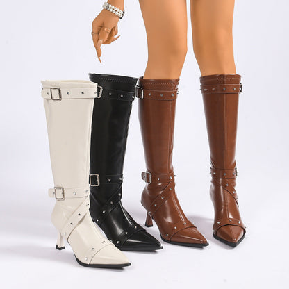Women's Knee High Boots – Kitten Heel Pointed Toe Buckle Straps