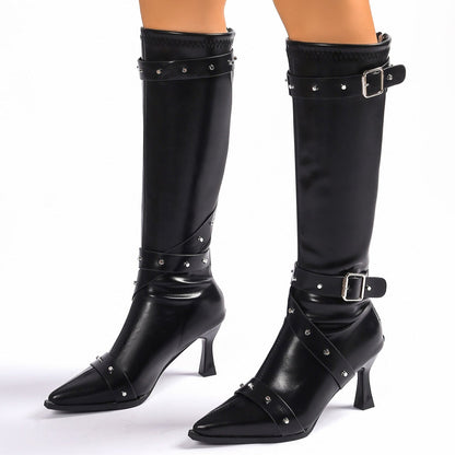 Women's Knee High Boots – Kitten Heel Pointed Toe Buckle Straps