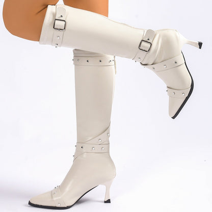 Women's Knee High Boots – Kitten Heel Pointed Toe Buckle Straps