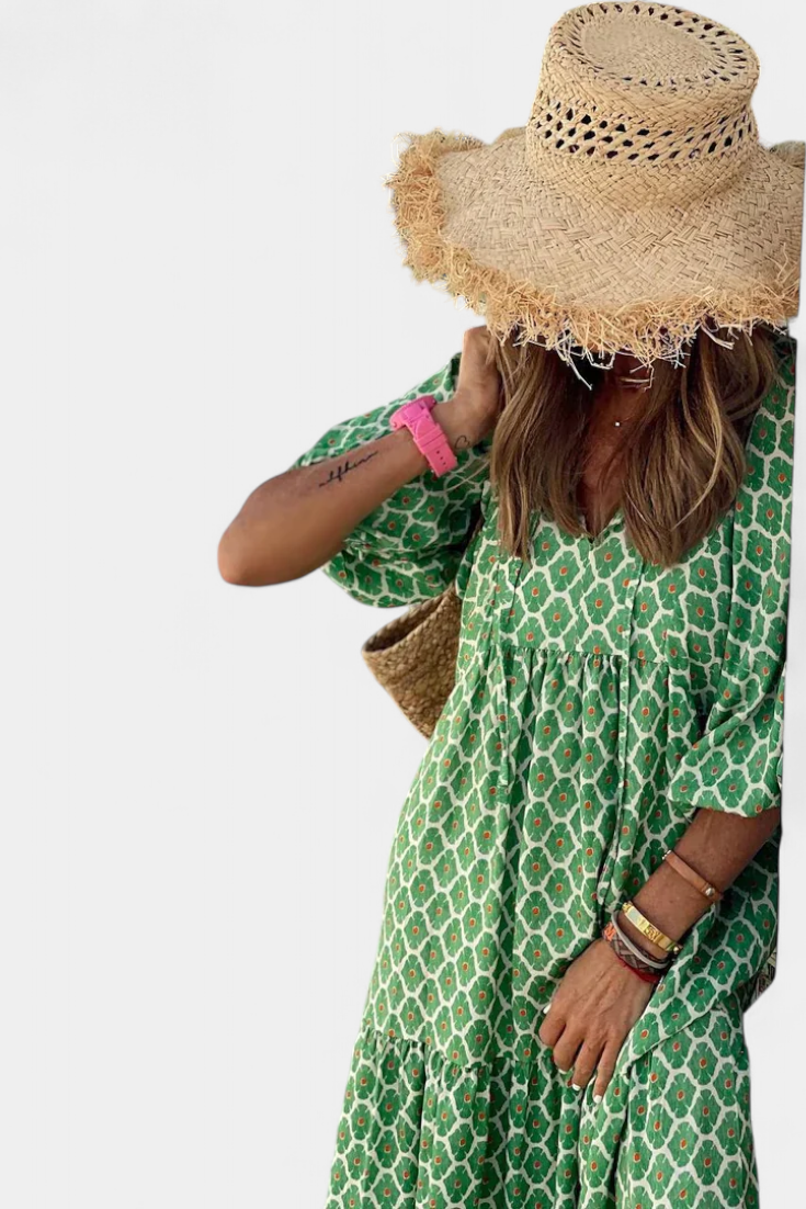 Aroa Boho Dress | Artistic Floral, Free-Spirited Flow