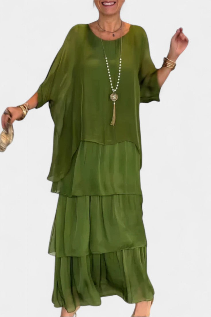 Caroline Maxi Dress | Bat Sleeves, Ruffled Skirt, Relaxed