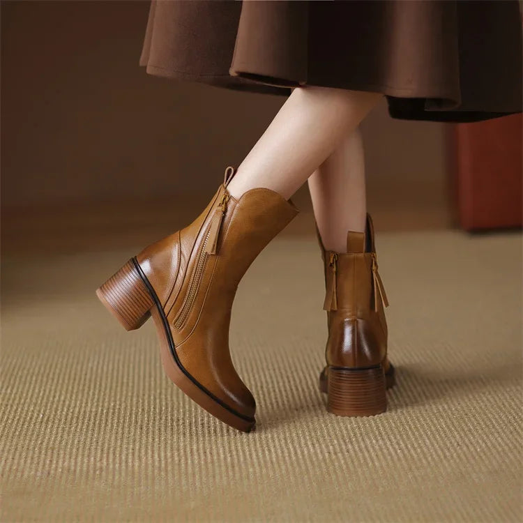 Women's Mid-Calf Boots – Side Zip Tassel Block Heel