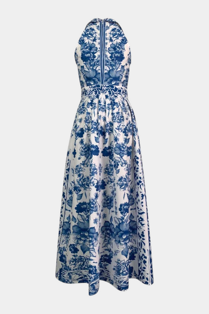 Shante Floral A-Line Dress | Lapel Collar, Sleeveless, Porcelain