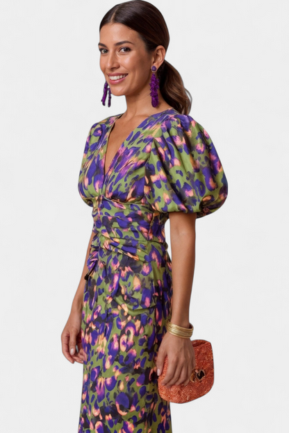 Mira Bold Print Dress | Puff Sleeves, Ruched Waist