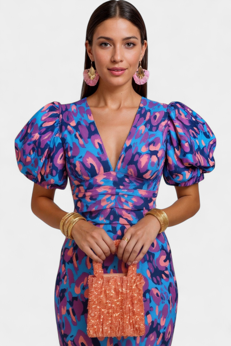 Mira Bold Print Dress | Puff Sleeves, Ruched Waist