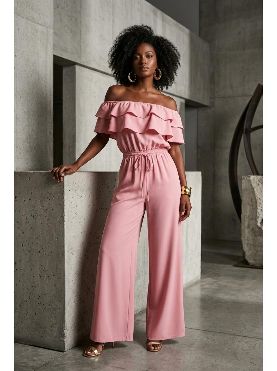 Pink off-shoulder ruffle jumpsuit - Editorial