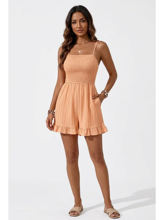 Smocked Ruffle Hem Playsuit Apricot - Studio Clean